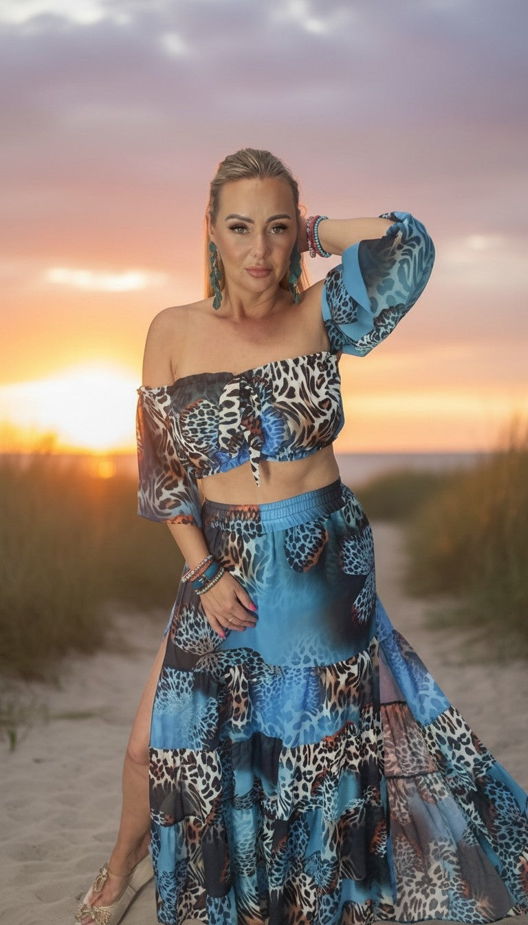 Damen Set Schulterfreie Bluse und Rock