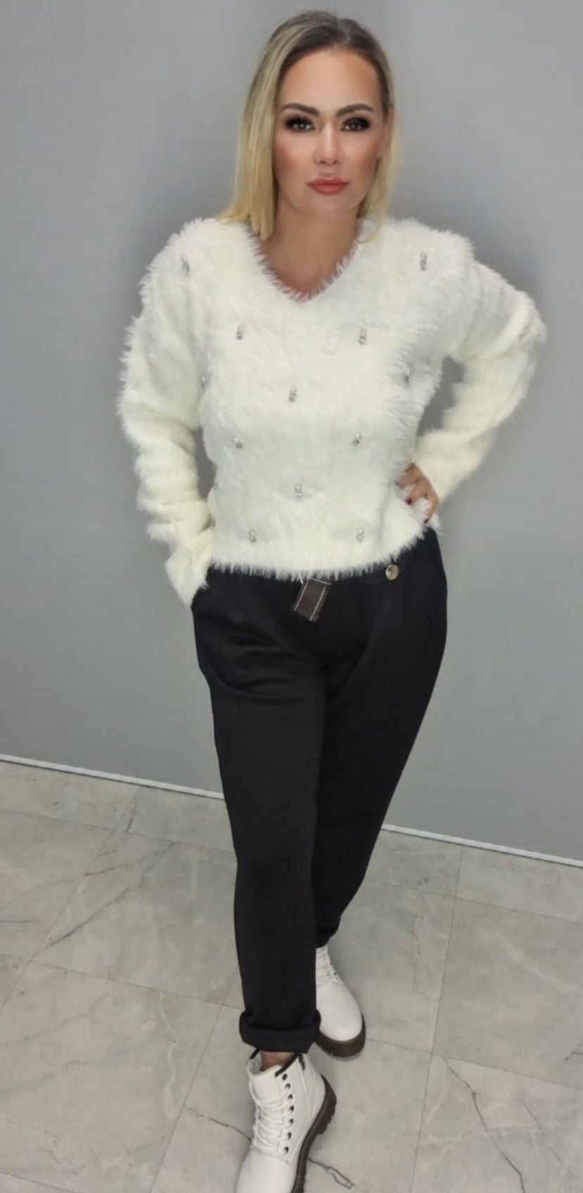 Alpaka Pullover in Weis und Beige